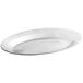 A white oval aluminum sizzler platter with a silver rim.