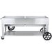 A large stainless steel Crown Verity portable outdoor BBQ grill with wheels.