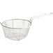 A nickel-plated wire mesh culinary basket with front hook.