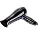 A black hair dryer with a blue handle.