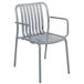 A BFM Seating Key West soft gray metal arm chair with a slatted back.