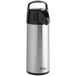 A silver stainless steel airpot with a black lever and lid.