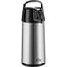 A silver stainless steel airpot with a black lever.