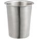 A stainless steel cylindrical flatware holder.