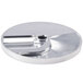 A circular silver metal Robot Coupe dicing kit with a hole in it.