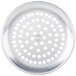 An American Metalcraft silver aluminum pizza pan with perforations in a white circle.