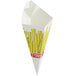A white cardboard cone with yellow and white French fries in it.