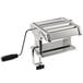 A stainless steel manual pasta machine with a handle.