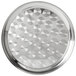 A silver round tray with a swirl pattern on the rim.