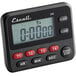 A small black and red San Jamar Escali digital kitchen timer with clock.