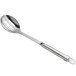 A stainless steel slotted serving spoon with a hollow handle.