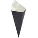A black and white cone shaped box with a white paper.