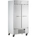 A white Beverage-Air reach-in refrigerator with stainless steel doors and silver handles on wheels.