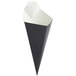 A black cone shaped container with white cardboard.