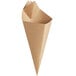 A brown Carnival King paper cone with a hole in it.