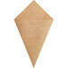 A brown Kraft paper cone with a square base and a hole in it.