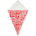 A white paper cone with red words that says "Savory Fries" on it.