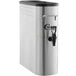 A silver stainless steel and black water dispenser with a black handle.