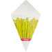 A white and yellow paper kite with a picture of Carnival King Square French Fries Cardboard Cone filled with fries.
