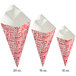 A white and red box of three Carnival King red and white paper fry cones with measurements.