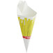 A white paper cone with yellow french fries inside.
