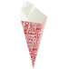 A red and white Carnival King paper cone with text.