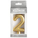 A Creative Converting gold "2" birthday candle in foil packaging.