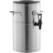 A silver metal Choice 2 Gallon Round Iced Tea Dispenser with a black handle and lid.