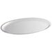 A stainless steel oval sizzler platter with a silver handle.