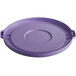 A purple plastic lid for a Baker's Mark round ingredient bin with a circle on top.