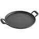 A black round Tablecraft cast iron pan with handles on a white background.