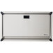 A stainless steel rectangular horizontal baby changing table with a black handle.