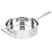 A silver stainless steel Vollrath saute pan with a handle and helper handle.