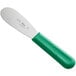 A stainless steel sandwich spreader with a green polypropylene handle and blade.