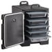A CaterGator black metal food pan carrier with plastic trays inside.