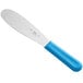 A Choice stainless steel sandwich spreader with a blue handle.