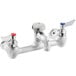 A silver Waterloo wall-mounted service sink faucet with red and blue knobs.