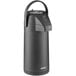An Acopa stainless steel lined matte black airpot with a handle and push button lid.