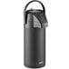 An Acopa stainless steel lined matte black airpot with a push button lid and handle.