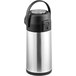 An Acopa stainless steel airpot with black push button and silver accents.