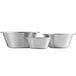 A set of three silver stainless steel mixing bowls.