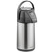 A stainless steel Acopa airpot with a black push button and lid.
