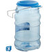 A clear plastic San Jamar ice tote with a blue lid and handle.