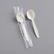 A Visions beige heavy weight plastic soup spoon in plastic packaging.