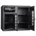 A black steel Barska locker depository safe with two compartments and two shelves.