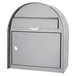 A large gray steel Barska wall-mount mailbox with a door and key lock.