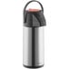A stainless steel Acopa decaf airpot with a black push button lid.