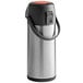 A silver stainless steel Acopa 3 liter decaf airpot with black lid and push button.