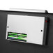 A Barska black steel portable security lock box with digital keypad and key lock on a white background with a green battery inserted.