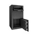 A Barska black steel depository security safe with keypad and key lock on a white background with the door open.